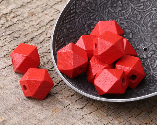 Geometric Wood Beads, Painted, Octagonal, Red, 16mm - BEADED CREATIONS
