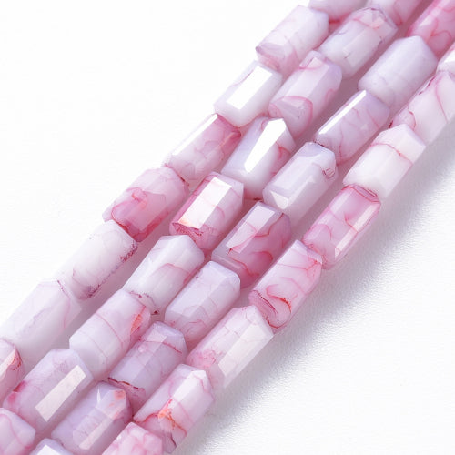 Glass Beads, Cuboid, Faceted, Opaque, White, Red, 6.5x3.5mm - BEADED CREATIONS