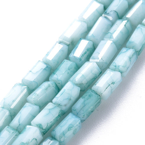 Glass Beads, Cuboid, Faceted, Opaque, White, Turquoise, 6.5x3.5mm - BEADED CREATIONS