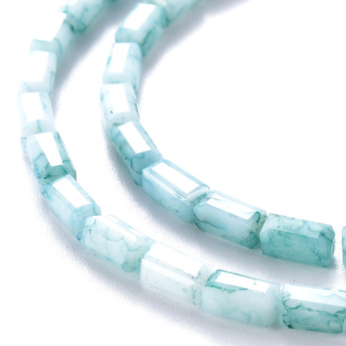 Glass Beads, Cuboid, Faceted, Opaque, White, Turquoise, 6.5x3.5mm - BEADED CREATIONS