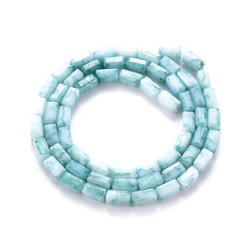 Glass Beads, Cuboid, Faceted, Opaque, White, Turquoise, 6.5x3.5mm - BEADED CREATIONS