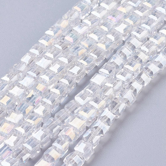 Glass Beads, Electroplated, Cube, Faceted, Clear, AB, 4-5mm - BEADED CREATIONS