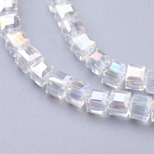 Glass Beads, Electroplated, Cube, Faceted, Clear, AB, 4-5mm - BEADED CREATIONS