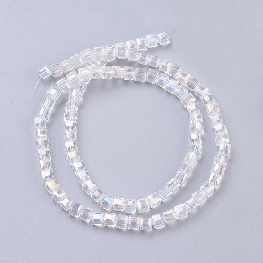 Glass Beads, Electroplated, Cube, Faceted, Clear, AB, 4-5mm - BEADED CREATIONS