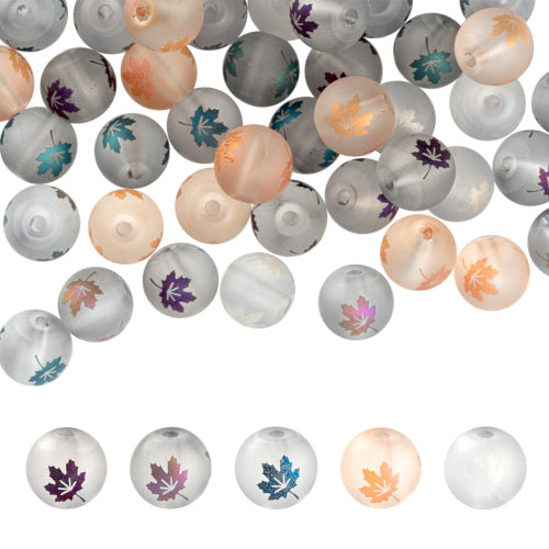 Glass Beads, Electroplated, Round, Transparent, Frosted, With Maple Leaf Pattern, 5 Colors, 8-8.5mm - BEADED CREATIONS