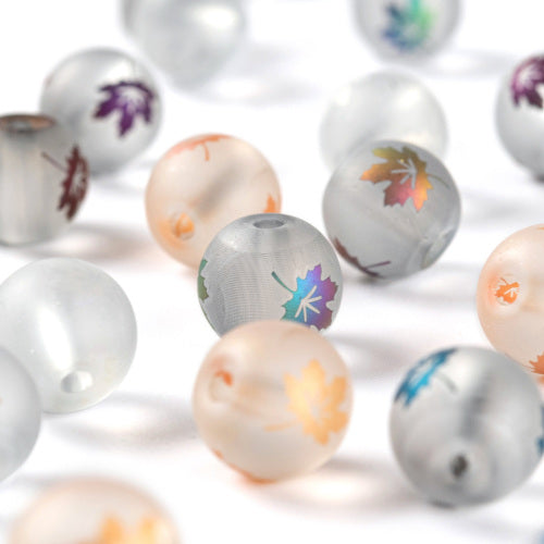 Glass Beads, Electroplated, Round, Transparent, Frosted, With Maple Leaf Pattern, 5 Colors, 8-8.5mm - BEADED CREATIONS