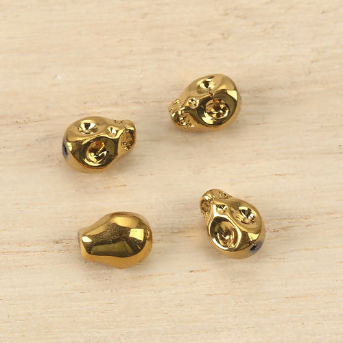 Glass Beads, Electroplated, Skull, Golden, 10mm - BEADED CREATIONS