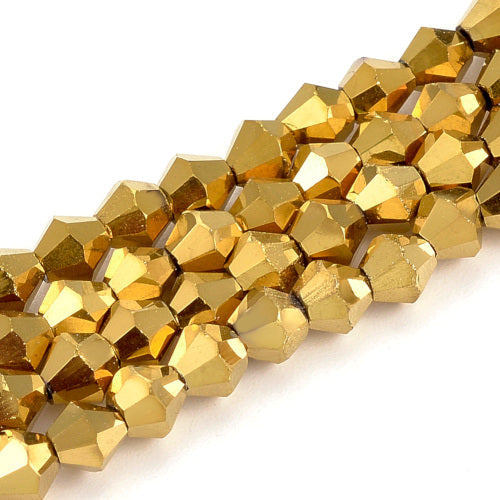 Glass Beads, Faceted, Bicone, Metalized, Gold Plated, 4mm - BEADED CREATIONS