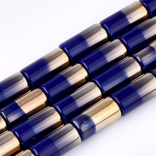 Glass Beads, Half Electroplated, Column, Opaque, Dark Blue, 19.5-20x10mm - BEADED CREATIONS