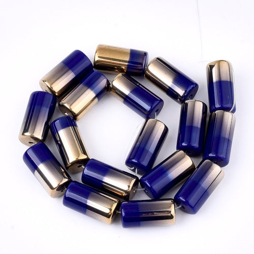 Glass Beads, Half Electroplated, Column, Opaque, Dark Blue, 19.5-20x10mm - BEADED CREATIONS