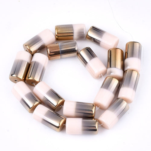 Glass Beads, Half Electroplated, Column, Opaque, Misty Rose, 19.5-20x10mm - BEADED CREATIONS