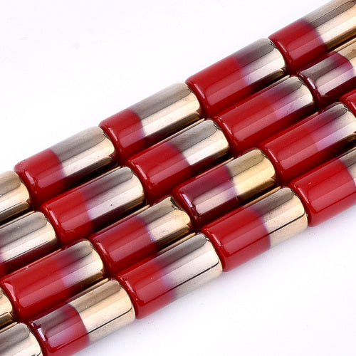 Glass Beads, Half Electroplated, Column, Opaque, Red, 19.5-20x10mm - BEADED CREATIONS