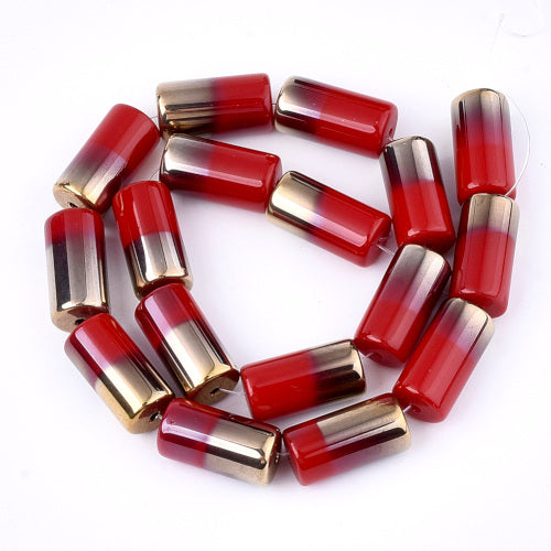 Glass Beads, Half Electroplated, Column, Opaque, Red, 19.5-20x10mm - BEADED CREATIONS