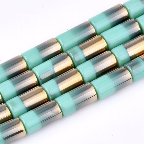 Glass Beads, Half Electroplated, Column, Opaque, Turquoise, 19.5-20x10mm - BEADED CREATIONS