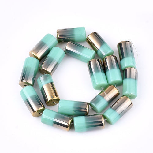 Glass Beads, Half Electroplated, Column, Opaque, Turquoise, 19.5-20x10mm - BEADED CREATIONS