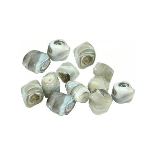 Glass Beads, Handmade, Lampwork Beads, Domed, Rectangle, Marbled, White, Grey, 16mm - BEADED CREATIONS