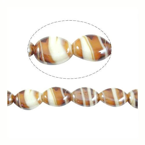 Glass Beads, Handmade, Lampwork Beads, Oval, Marbled, White, Amber, 18mm - BEADED CREATIONS