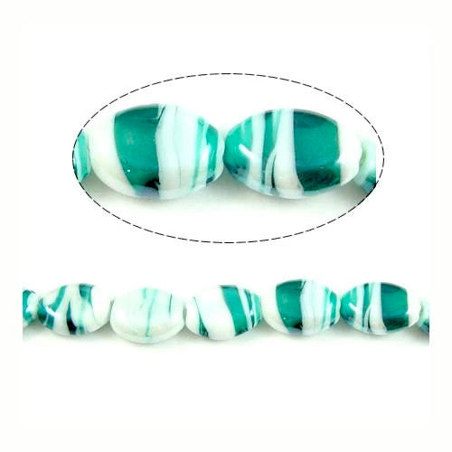 Glass Beads, Handmade, Lampwork Beads, Oval, Marbled, White,Teal, 18mm - BEADED CREATIONS