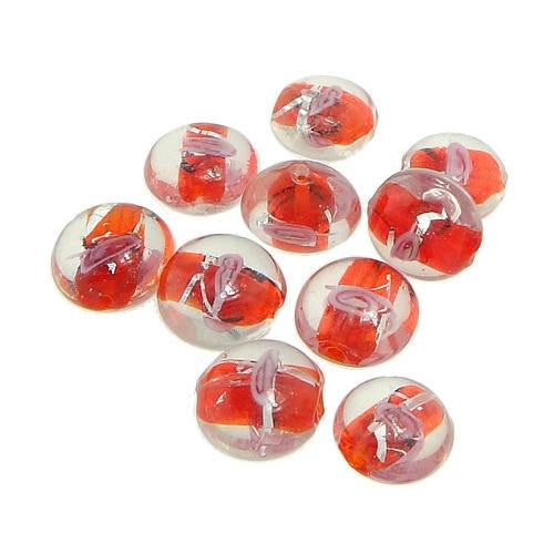 Glass Beads, Lampwork Glass Beads, Handmade, Round, Puffed, Lentil, Red, Pink, Silver Foil, 15mm - BEADED CREATIONS