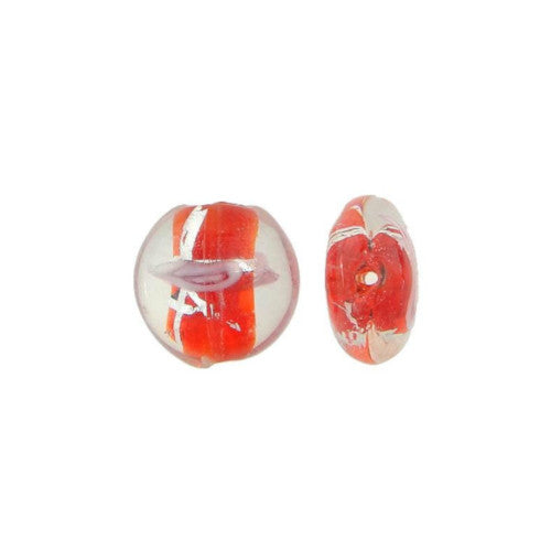 Glass Beads, Lampwork Glass Beads, Handmade, Round, Puffed, Lentil, Red, Pink, Silver Foil, 15mm - BEADED CREATIONS