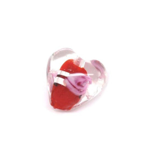 Glass Beads, Lampwork Glass Beads, Handmade, Transparent, Puffed, Heart, Silver Foil, Red, Pink, 13mm - BEADED CREATIONS
