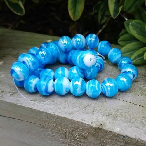 Glass Beads, Lampwork Glass, Handmade, Marbled, Round, Blue, 10mm - BEADED CREATIONS