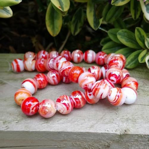 Glass Beads, Lampwork Glass, Handmade, Marbled, Round, Red, 12mm - BEADED CREATIONS