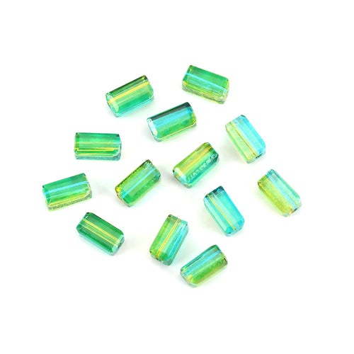 Glass Beads, Rectangle, Faceted, Two-Tone, Green, Yellow, 8mm - BEADED CREATIONS