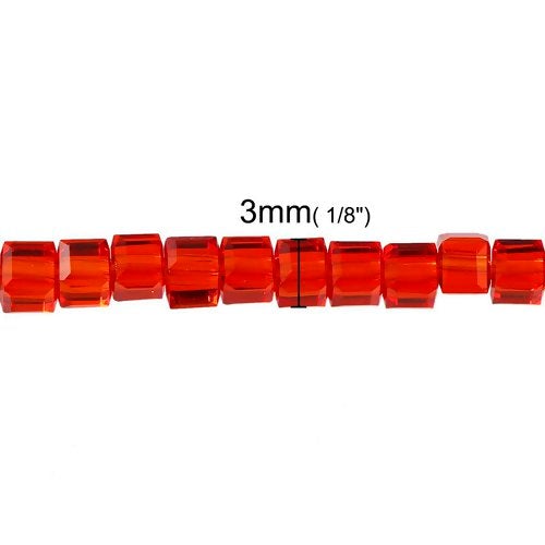 Glass Beads, Red, Cube, Faceted, Transparent, 3mm - BEADED CREATIONS