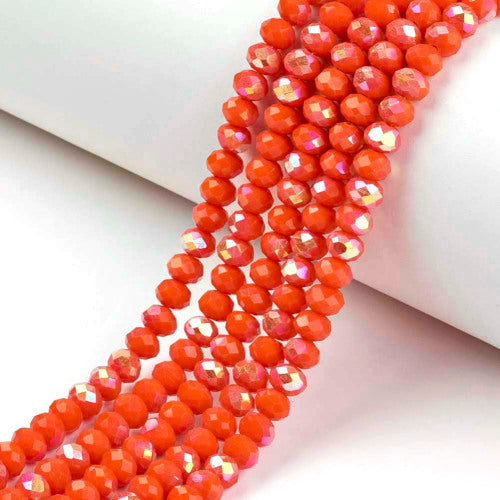 Glass Beads, Rondelle, Faceted, Opaque, Orange-Red, AB, 4mm