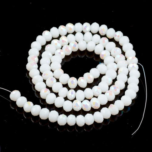 Glass Beads, Rondelle, Faceted, Opaque, White, AB, 4mm - BEADED CREATIONS