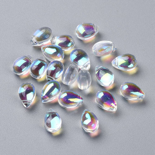 Glass Beads, Teardrop, Top-Drilled, Transparent, AB, Rainbow, 9x6mm - BEADED CREATIONS