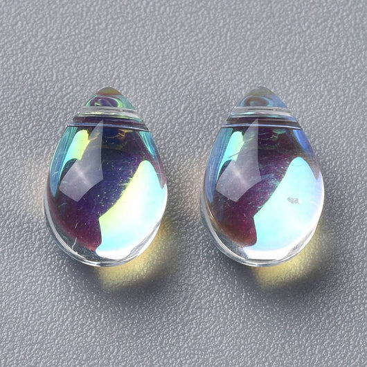 Glass Beads, Teardrop, Top-Drilled, Transparent, AB, Rainbow, 9x6mm - BEADED CREATIONS