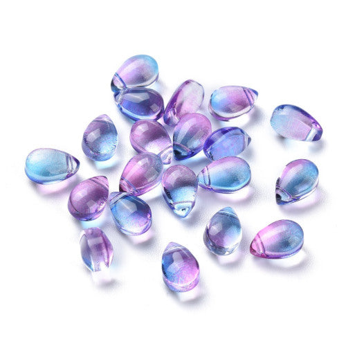 Glass Beads, Teardrop, Transparent, Top-Drilled, Two-Tone, Blue, Purple, 9mm - BEADED CREATIONS