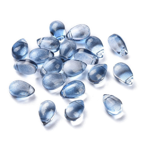 Glass Beads, Teardrop, Transparent, Top Drilled, Glitter Gold Powder, Blue, 9mm - BEADED CREATIONS