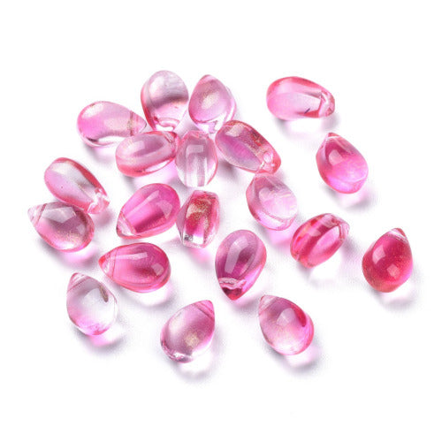 Glass Beads, Teardrop, Transparent, Top Drilled, Glitter Gold Powder, Deep Pink, 9mm - BEADED CREATIONS