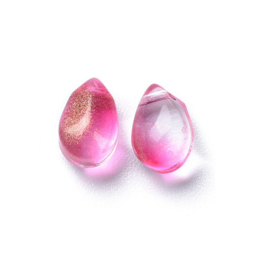 Glass Beads, Teardrop, Transparent, Top Drilled, Glitter Gold Powder, Deep Pink, 9mm - BEADED CREATIONS