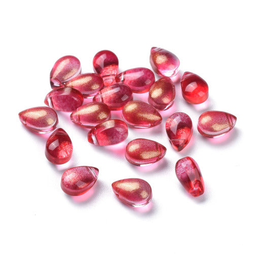 Glass Beads, Teardrop, Transparent, Top Drilled, Glitter Gold Powder, Red, 9mm - BEADED CREATIONS