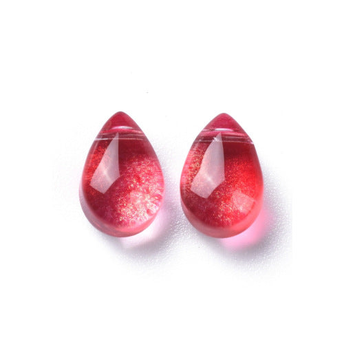 Glass Beads, Teardrop, Transparent, Top Drilled, Glitter Gold Powder, Red, 9mm - BEADED CREATIONS