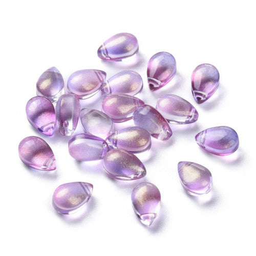 Glass Beads, Teardrop, Transparent, Top Drilled, Glitter Gold Powder, Violet, 9mm - BEADED CREATIONS