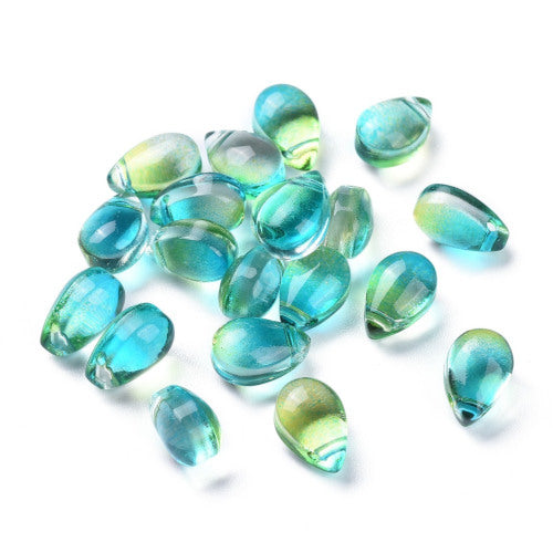 Glass Beads, Teardrop, Transparent, Top Drilled, Two-Tone, Turquoise, Green, 9mm - BEADED CREATIONS