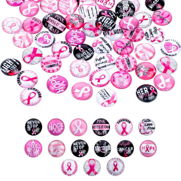 Glass Cabochons, Breast Cancer Awareness, Deep Pink, Black,White, 12mm - BEADED CREATIONS