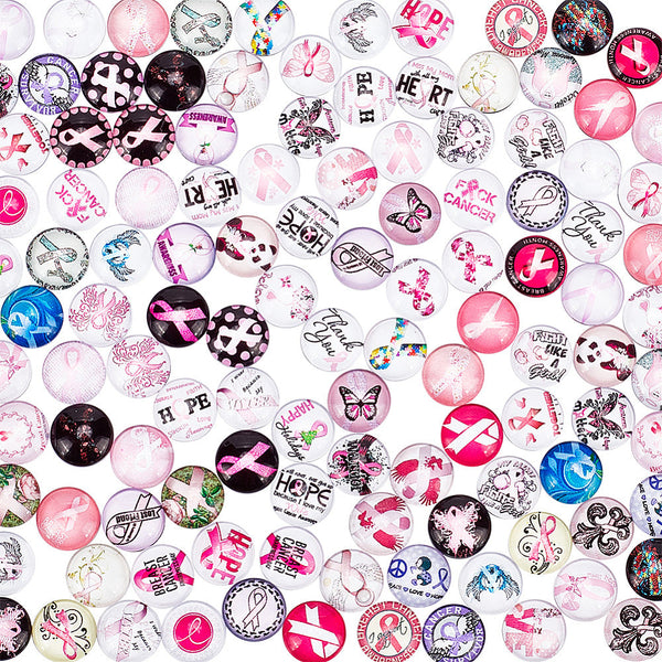 Glass Cabochons, Breast Cancer Awareness, Mixed, Multicolor, 12mm - BEADED CREATIONS