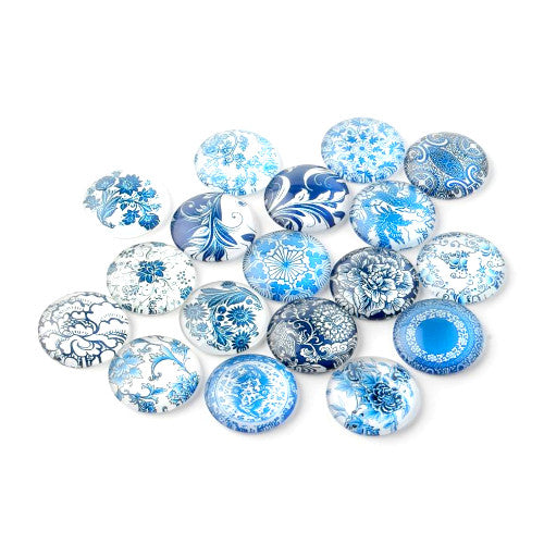 Glass Cabochons, Floral Prints, Blue, White, 10mm - BEADED CREATIONS