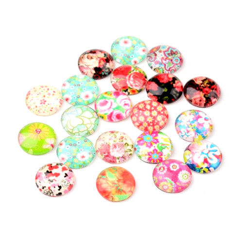 Glass Cabochons, Flowers, Round, Multicolor, 12mm - BEADED CREATIONS