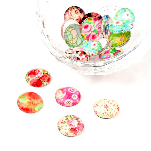 Glass Cabochons, Flowers, Round, Multicolor, 12mm - BEADED CREATIONS