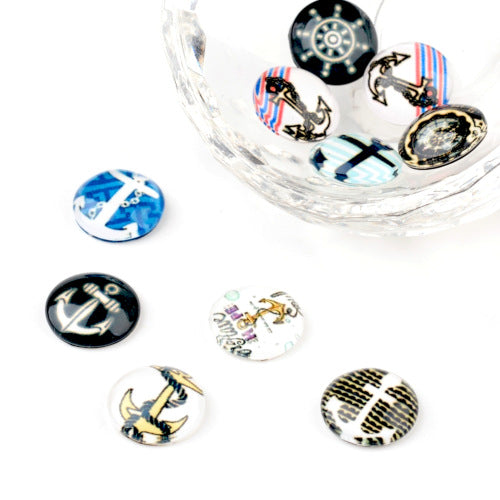 Glass Cabochons, Nautical, Anchor, Helm, Round, Mixed Colors, 12mm - BEADED CREATIONS