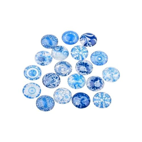 Glass Cabochons, Porcelain Prints, Blue, White, 12mm - BEADED CREATIONS