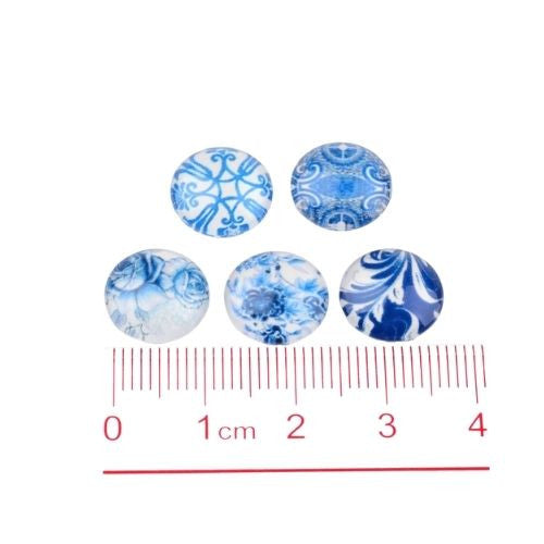 Glass Cabochons, Porcelain Prints, Blue, White, 12mm - BEADED CREATIONS