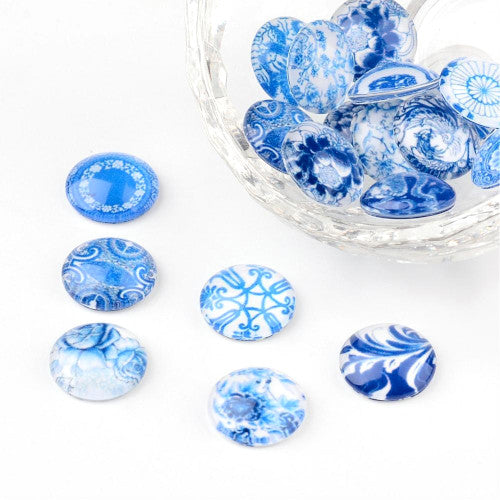 Glass Cabochons, Porcelain Prints, Blue, White, 12mm - BEADED CREATIONS